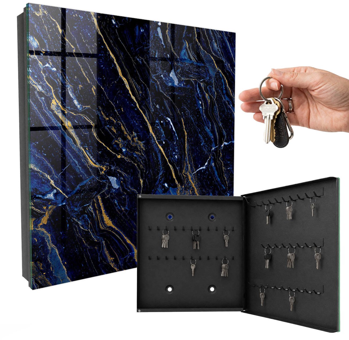 WallMuralia - Sleutelkast - 30x30x5 cm - met 50 haken - Marineblauw Patroon Sleutelkastje Muur - Marine Sleutelbox - Rechtsopenend - Zwart interieur