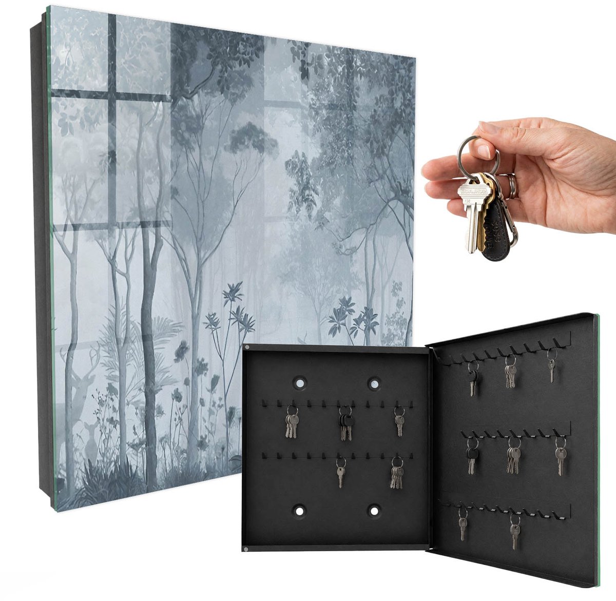 WallMuralia - Sleutelkast - 30x30x5 cm - met 50 haken - Nevelbos Sleutelkastje Hal - Grijs Sleutelbox - Rechtsopenend - Zwart interieur