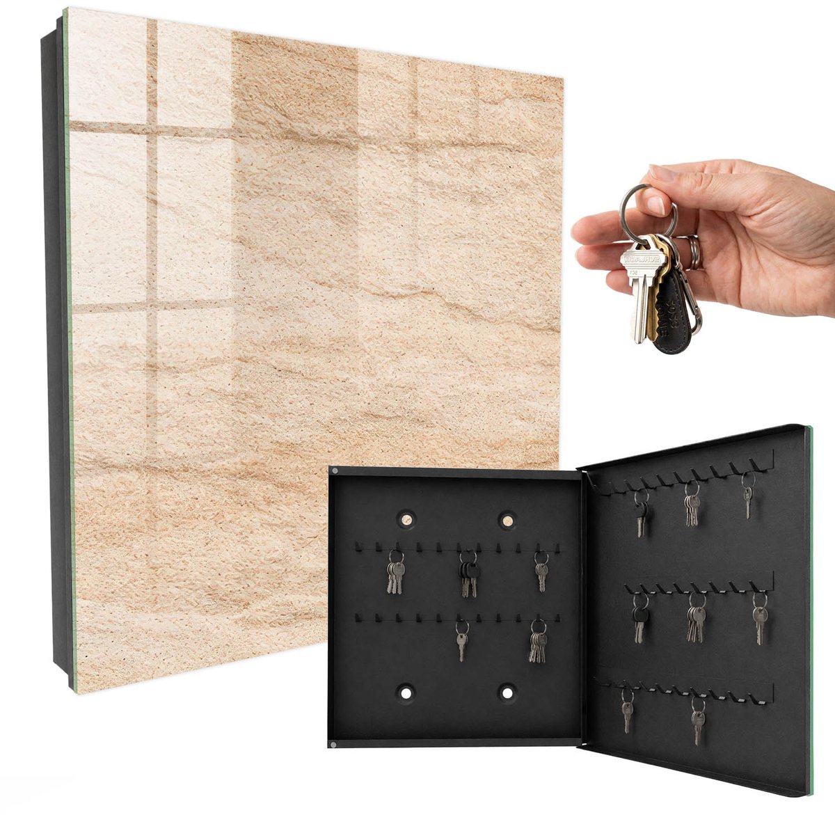 WallMuralia - Sleutelkast - 30x30x5 cm - met 50 haken - Steenstructuur Sleutelkastje Design - Beige Sleutelbox - Rechtsopenend - Zwart interieur