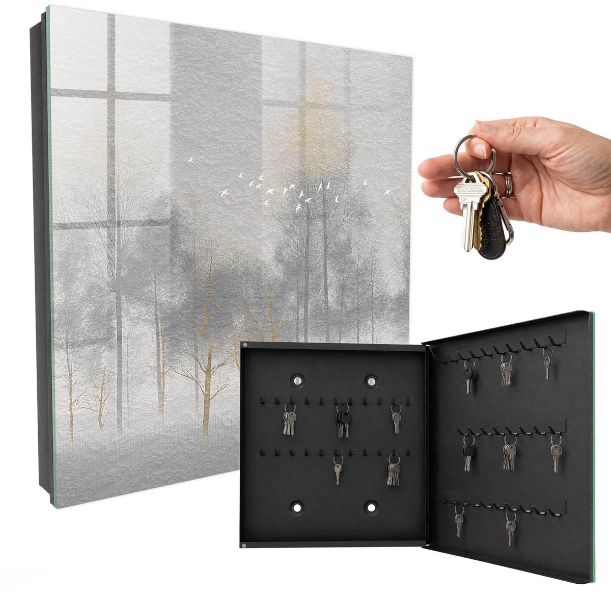 WallMuralia - Sleutelkast - 30x30x5 cm - met 50 haken - Nevelbos Sleutelkastje Binnen - Grijs Sleutelbox - Rechtsopenend - Zwart interieur