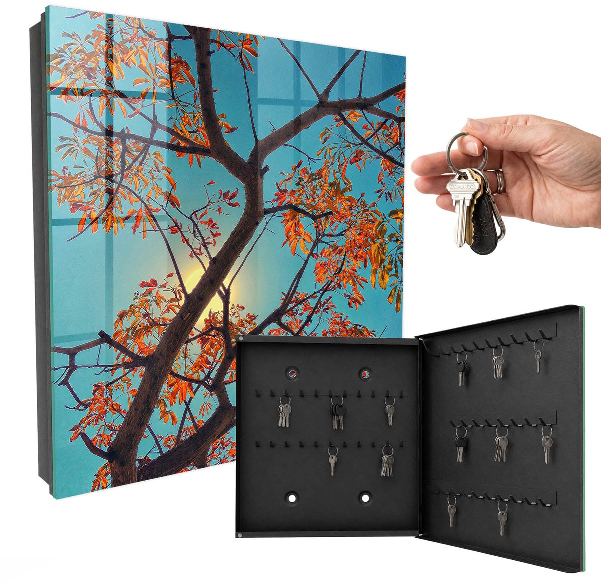 WallMuralia - Sleutelkast - 30x30x5 cm - met 50 haken - Herfstboom Sleutelkastje Voor Binnen - Blauw Sleutelbox - Rechtsopenend - Zwart interieur