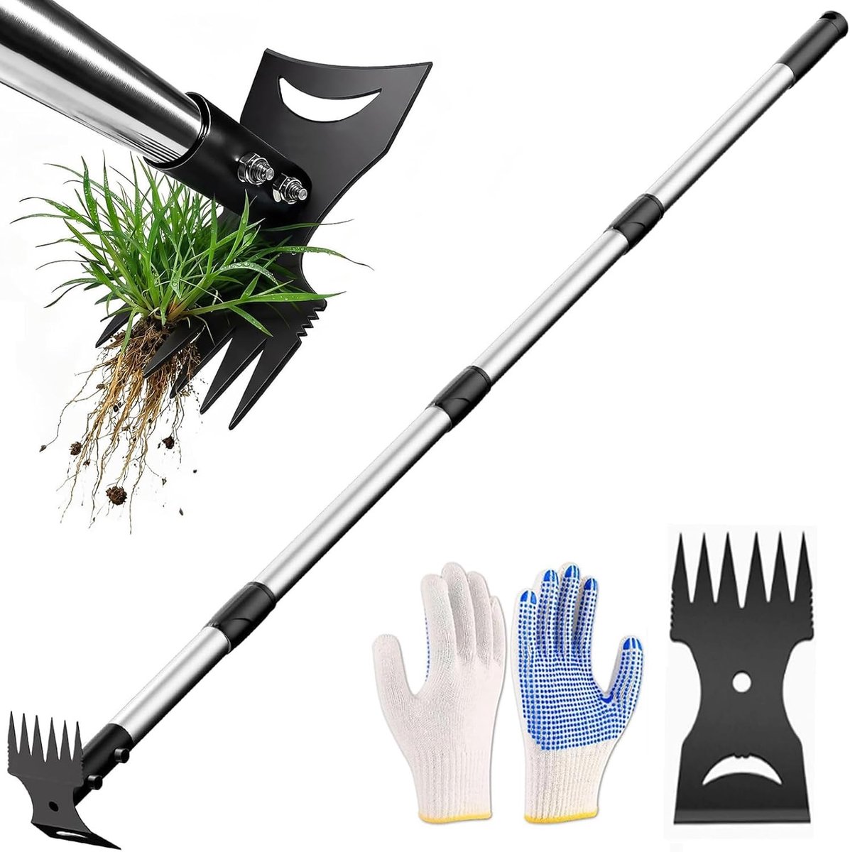 SnelShoppen - Long Handle Weed Cutter 150 cm - 2-in-1 Onkruidverwijderaar & Tuinhark - Tuin Gereedschap Set Inclusief Handschoenen voor Tuin, Binnenpl