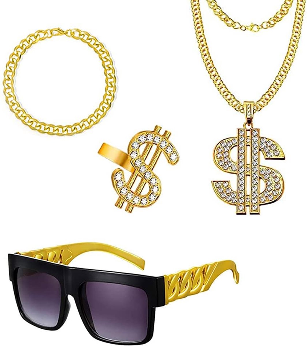 Set van 4 gouden Pimp kostuum voor mannen met Hip-Hop kostuums