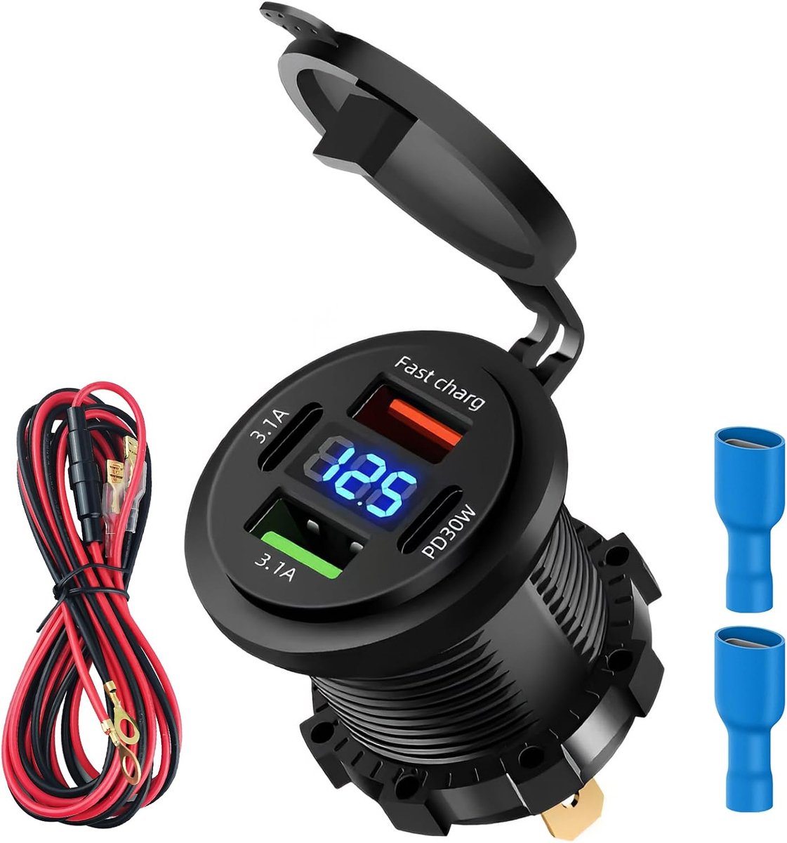 66 W, 12 V, USB-stekker, 4 poorten, autolader, dubbele PD 3,1 A, 30 W en dubbel snel opladen, USB A met led-voltmeter, voor auto, snel opladen voor boot, camper, vrachtwagen, motorfiets