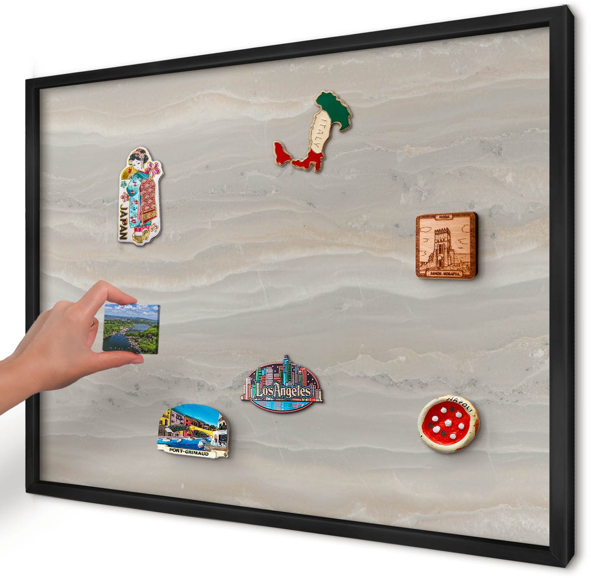 Artprintcave Grijs Magneetbord mit Zwart Frame - 70x50 cm - Marmertextuur Memobord Keuken - Minimalist Notitiebord - Texturen