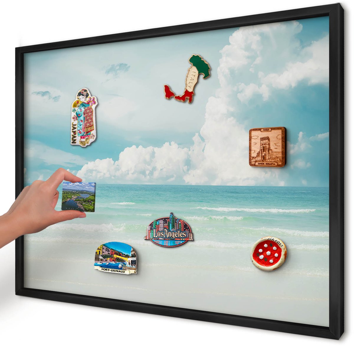Artprintcave Blauw Magneetbord mit Zwart Frame - 70x50 cm - Maritieme Harmonie Memobord Keuken - Fotografisch Magneetbord Voor Foto's - Landschappen