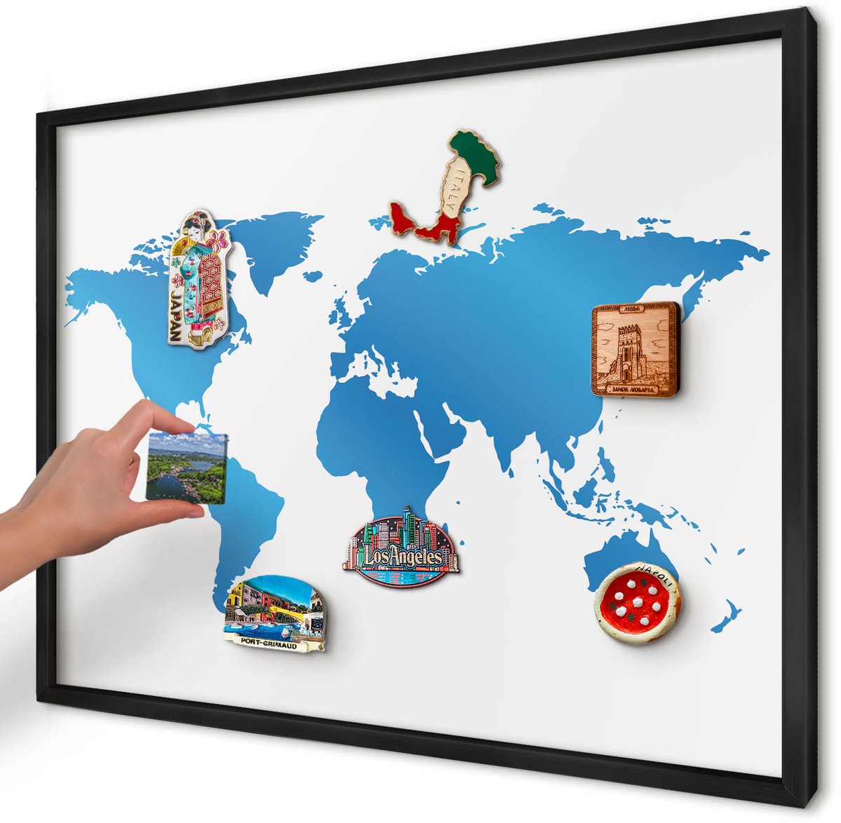 Artprintcave Blauw Magneetbord mit Zwart Frame - 70x50 cm - Wereldkaart Magnetische Organizer - Modern Notitiebord - Kaarten