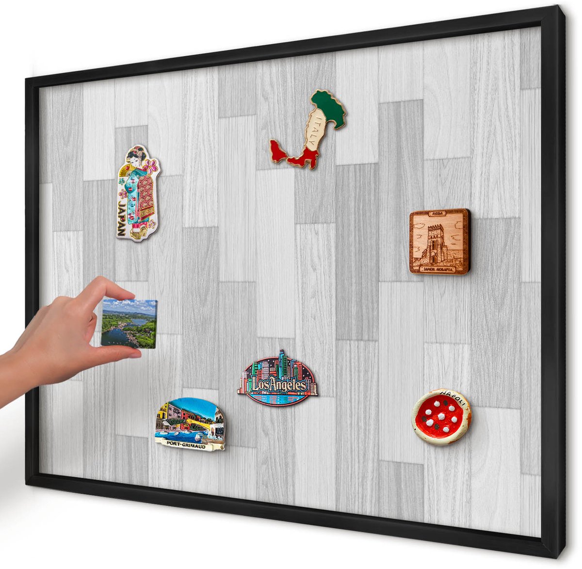 Artprintcave Grijs Magneetbord mit Zwart Frame - 70x50 cm - Houtstructuur Memobord Keuken - Minimalist Magneet Bord mit Frame - Texturen