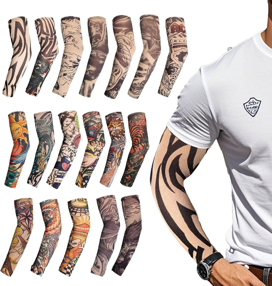 Tijdelijke tattoo-mouwenset, armtattookousen, arm-zonnekousen, uniseks tatoeages, armsleeves voor jongens en meisjes, rockstar kostuum, carnaval, feest, Meerkleurig, Eén Maat