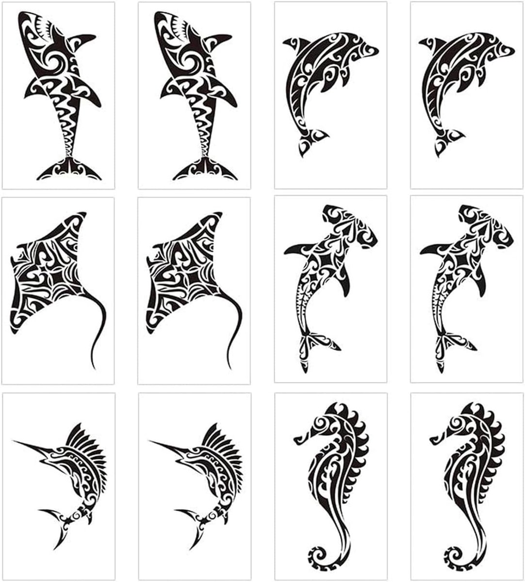 Tijdelijke Tattoos, 12 Stuks Nep Tattoos voor Mannen en Volwassenen, Maori Rog, Haai, Walvis, Nijlpaard, Polynesische Stam- en Hawaii-Designs voor Nek, Armen, Benen