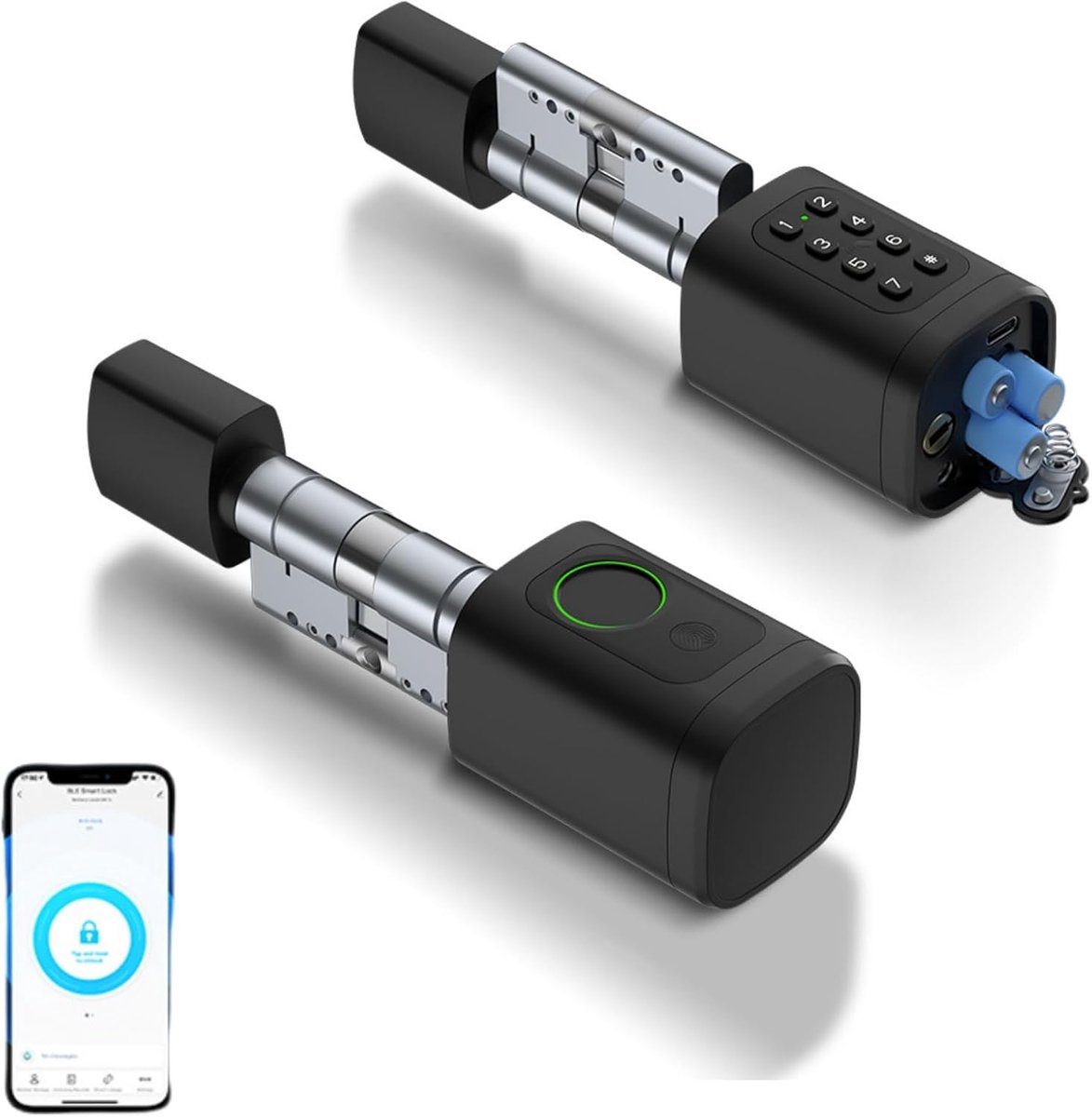 SnelShoppen - Slim Deurslot met Vingerafdruk, Cijfercode, RFID-sleutel, App, Elektronische Deuropener, Verstelbare Sluitcilinder 60-90 mm, Veiligheid