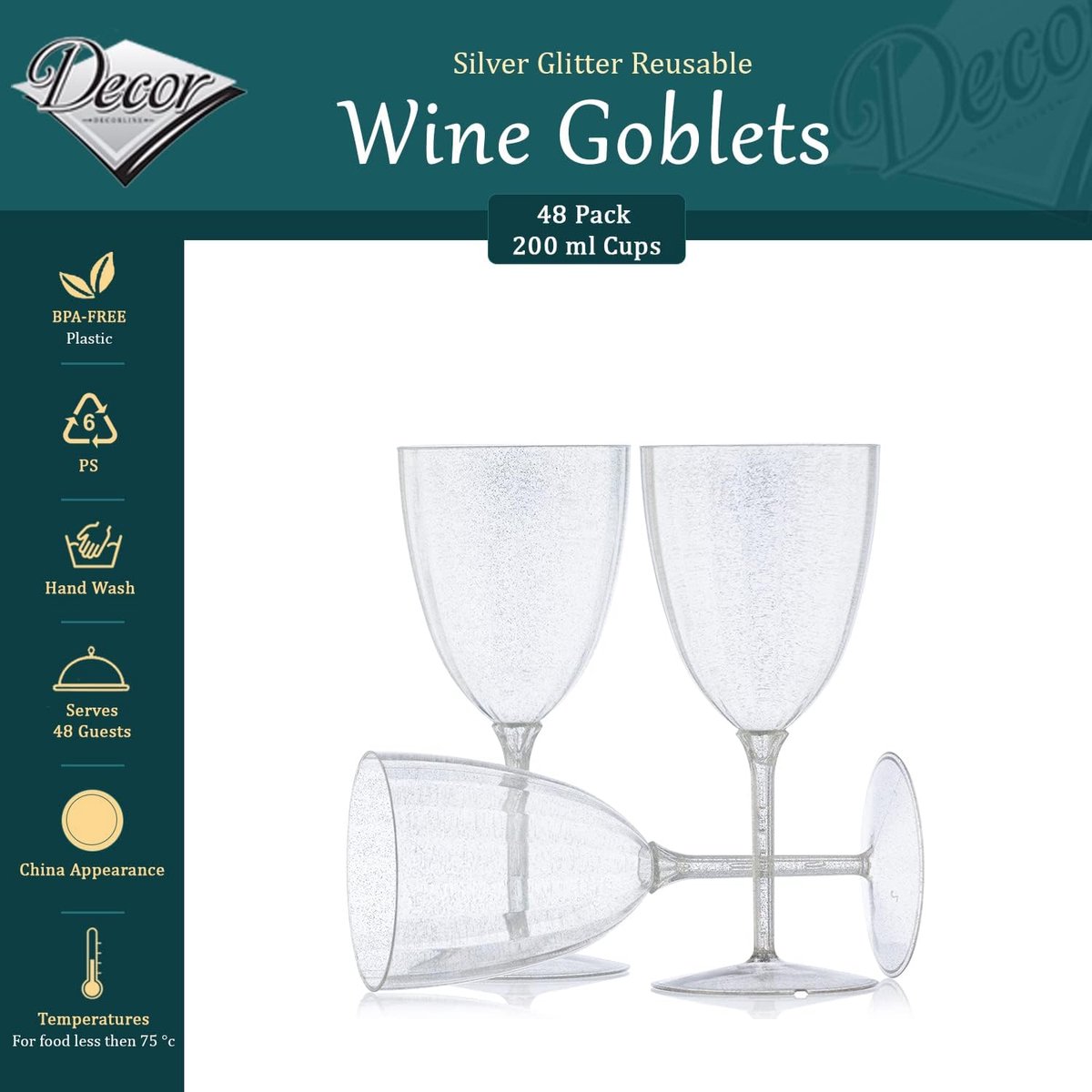 Plastic wijnglazen 48 stuks - zilver glitter - herbruikbaar - perfect voor feesten - ShopVlot