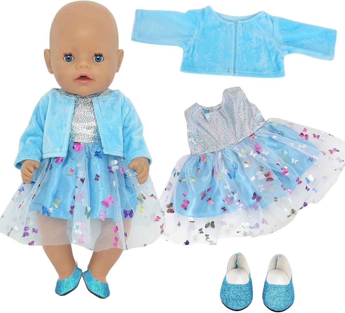 Prachtige 18 inch poppenkleding met blauwe pailletjes voor meisjes, perfect voor speelplezier en creativiteit