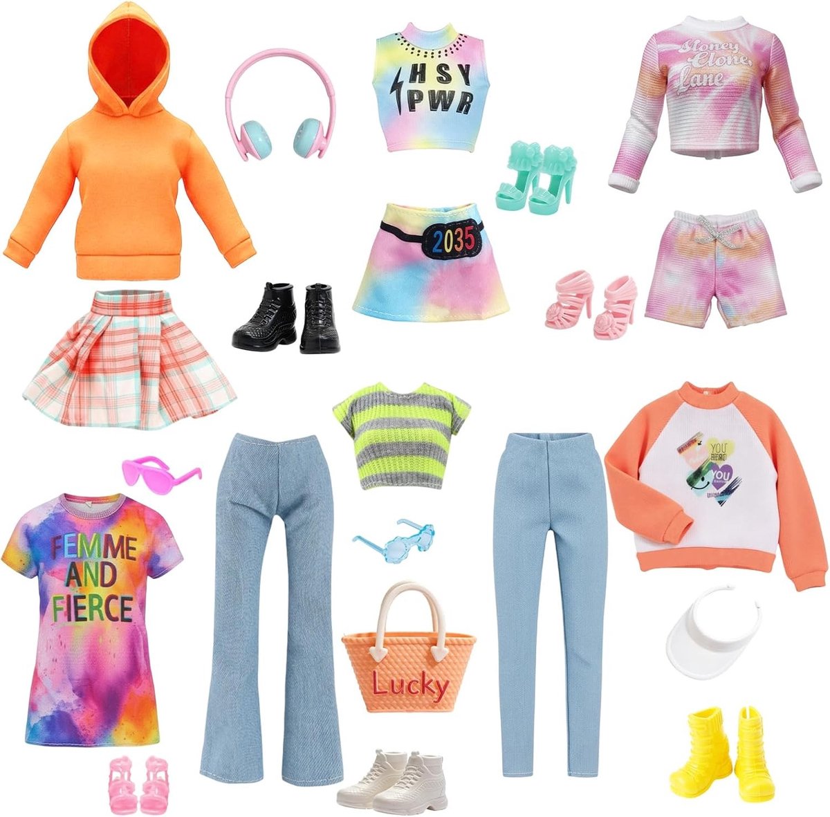 Meisjes poppen set met 17-delige oranje hoodie, perfect voor creatief spel en modeaccessoires