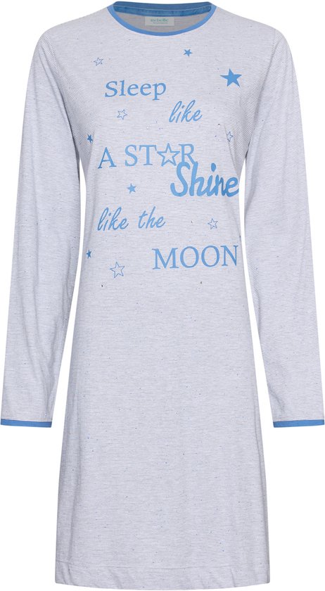 Lichtgrijze gestreepte nachthemd met blauwe boorden en de print 'Sleep like a STAR Shine like the MOON'.