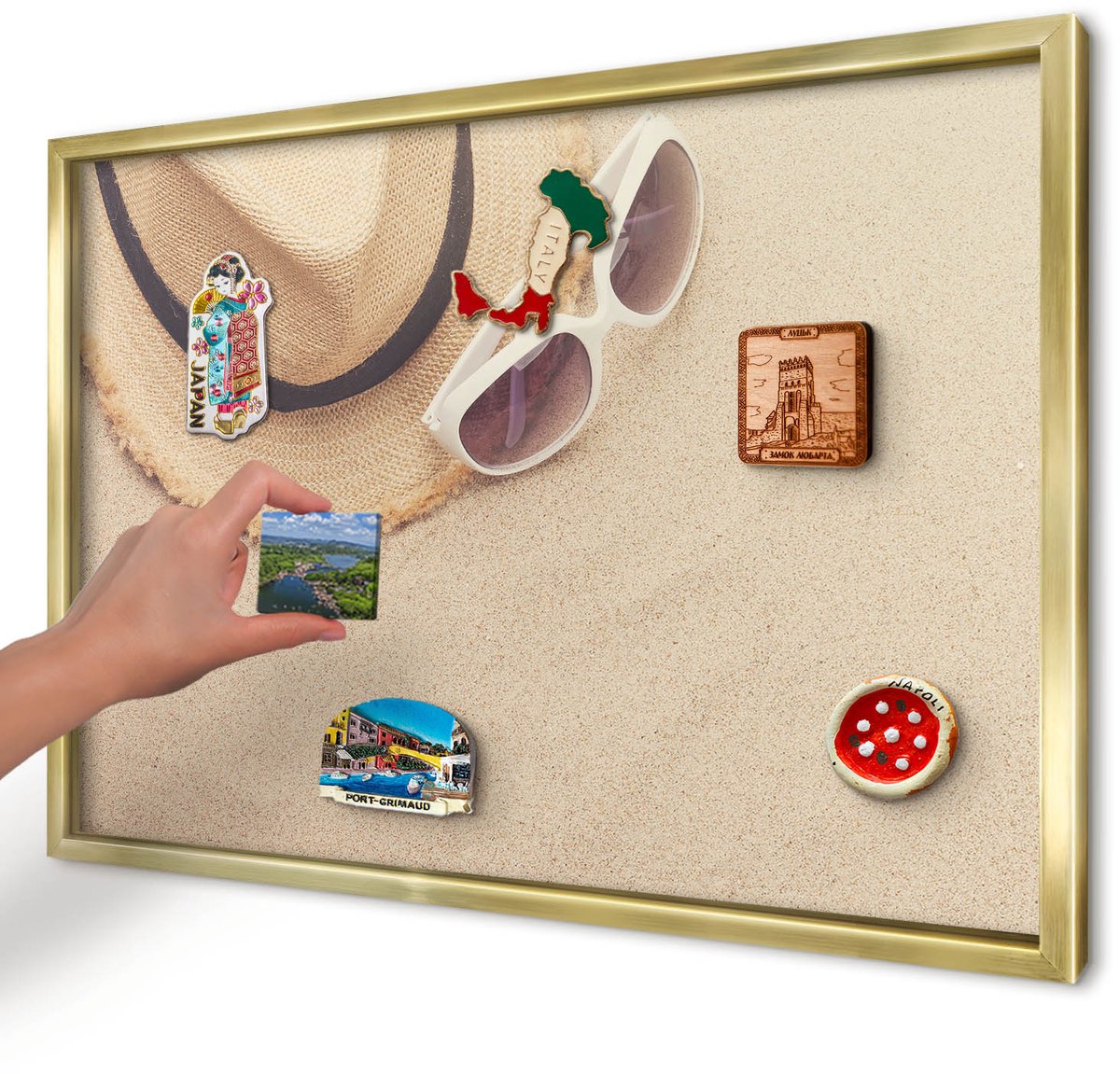 Artprintcave Beige Magneetbord mit Gouden Frame - 60x40 cm - Zomerstrand Magnetisch Bord Voor Magneten - Fotografisch Memobord Keuken - Reis