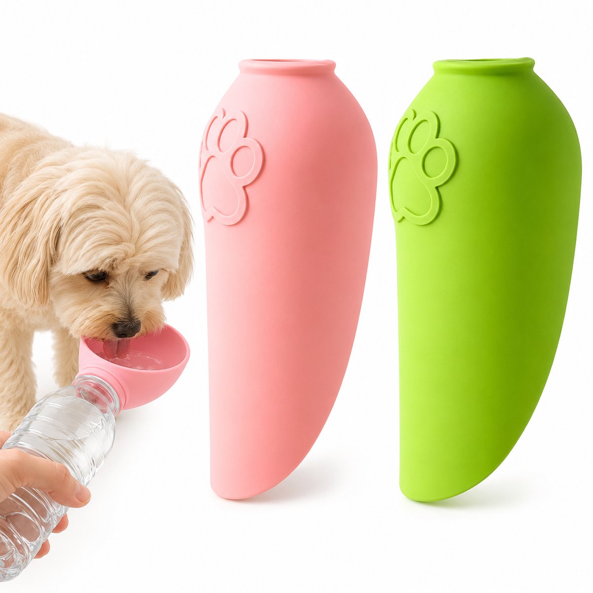 2 Stuks Siliconen Waterfles Adapter voor Honden - Opvouwbare Drinkbak voor PET-Fles - Lekkagevrije Reizende Waterdispenser - Roze/Groen