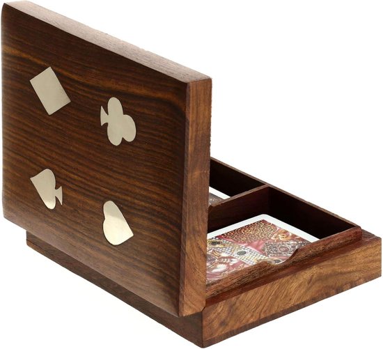 Handgemaakte Decoratieve Houten Dubbeldeks Speelkaart Doos Houder Opbergkoffer Organizer met 2 set 'Ace' speelkaarten messing inlay beste cadeau voor hem haar 15 x 10 x 4,75 cm — afbeelding 3