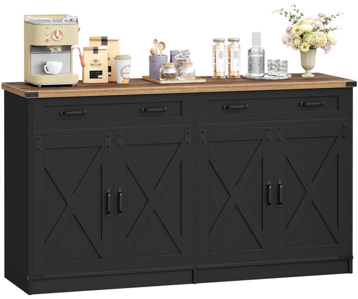 Hzuaneri Keukenkast, Buffetkast Met 2 Lades, Dressoir Met 4 Deuren, Verstelbare Planken, Landelijke Stijl, Voor Keuken Of Woonkamer, 40 x 140 x 80 cm, Zwart-Honingbruin