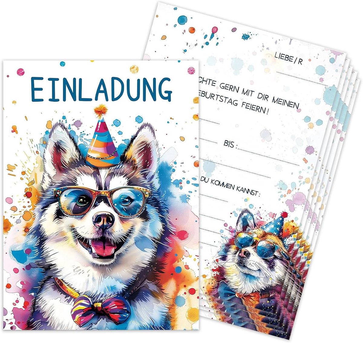 Verjaardagsuitnodigingen kinderen 12x - 15x11 cm - dierenmotief waterverf - feestelijke uitnodigingen - ShopVlot