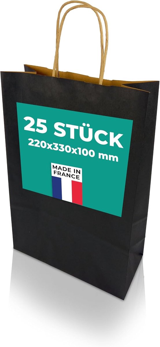SnelShoppen - 25 Stuks H-Groene Papieren Draagtasjes van Gerecycled Papier Zwart 220 x 330 x 100 mm - Cadeautasjes met Handvat voor Feestjes, Verjaard
