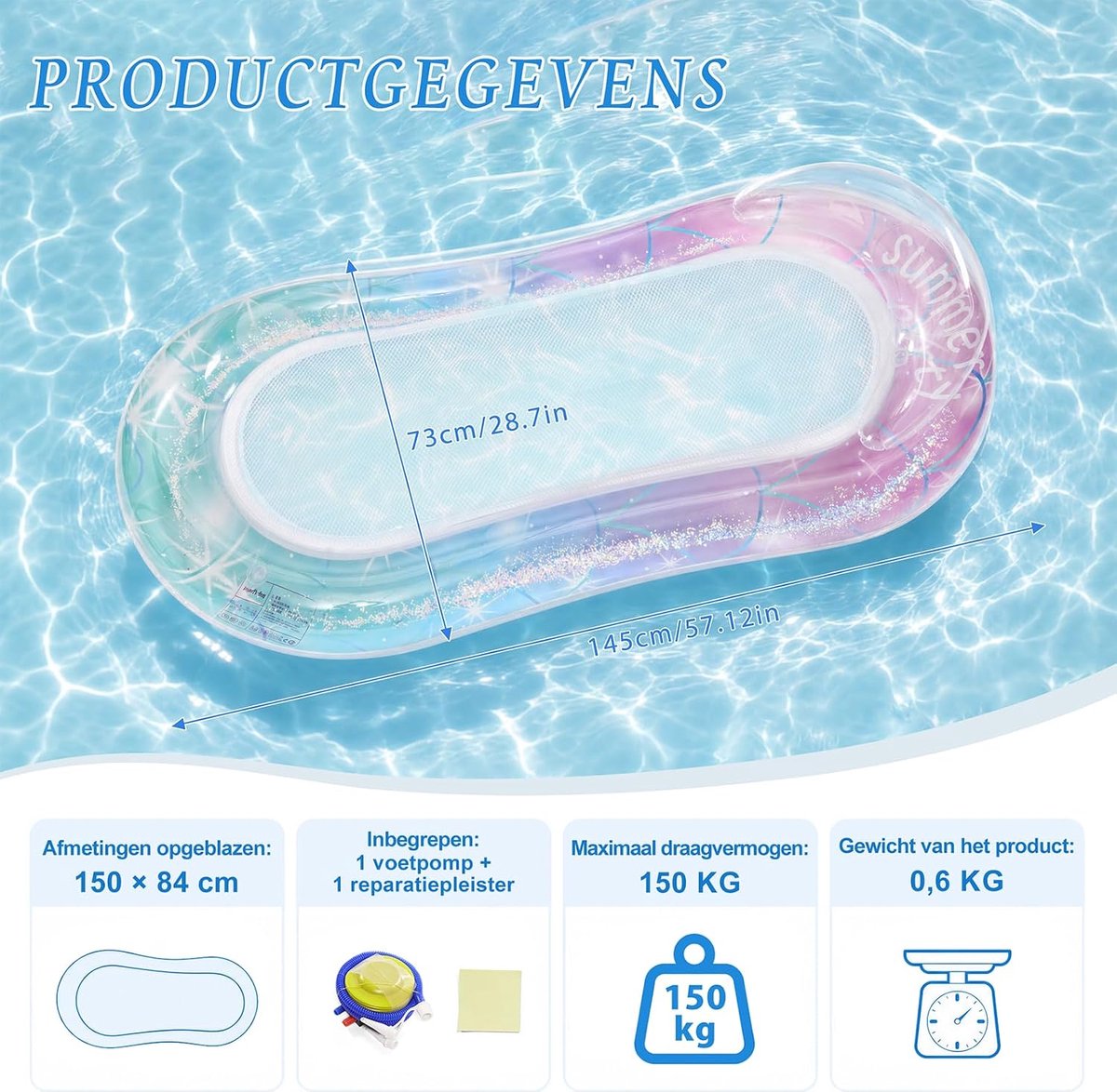 SnelShoppen - Opblaasbare Zwembadmat met Glitter, Water Hammock met Hoofdkussen, 2-in-1 Zwemlounge voor Zwembaden, Stranden en Meren - 145x73 cm - Bla