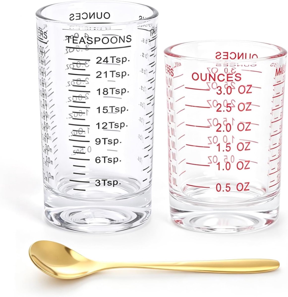 Maatbekers, maatbeker cocktailglas 90 ml + 120 ml met schaal | Borosilicaatglas, ml/oz/tsp-schaal, 90ml+120ml set, incl. lepel, voor cocktails, espresso, bakken, home bar & keuken