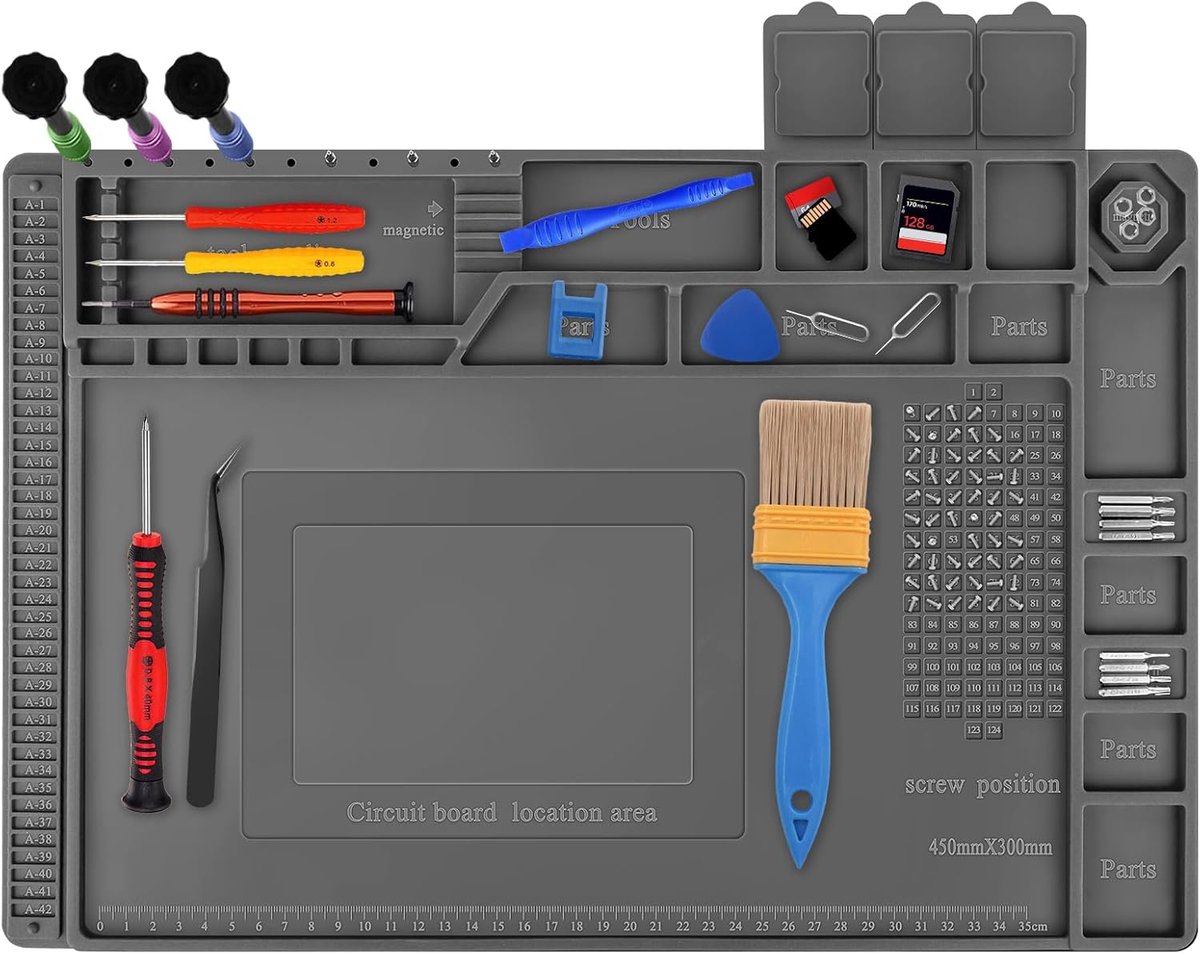 Soldeermat siliconen: Antistatische reparatiemat 45/30 cm 500 °C | Grijs & magnetisch - Hittebestendig tot 500 °C - Met schroefvakjes - Voor soldeerbout, elektronica, telefoon & laptop