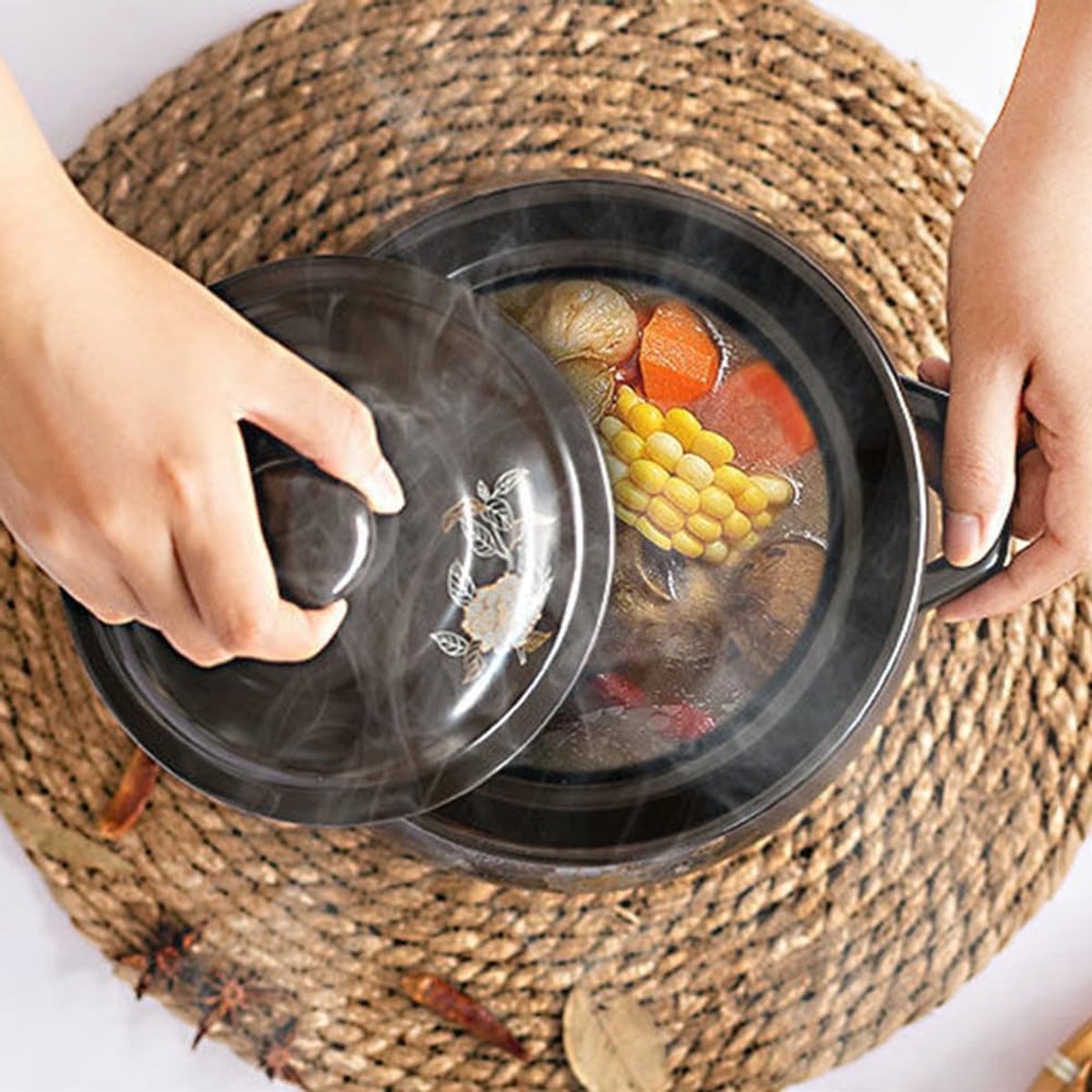Keramische Stoofpot - Braadpan Rijstkoker - Gerechten Bereiden - Hittebestendig Materiaal - 2.5L - Zwart – foto 6
