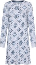 Grijs/blauw nachthemd met fijne ribstructuur, bedrukt met blauwe sneeuwvlokken en knoopjes.