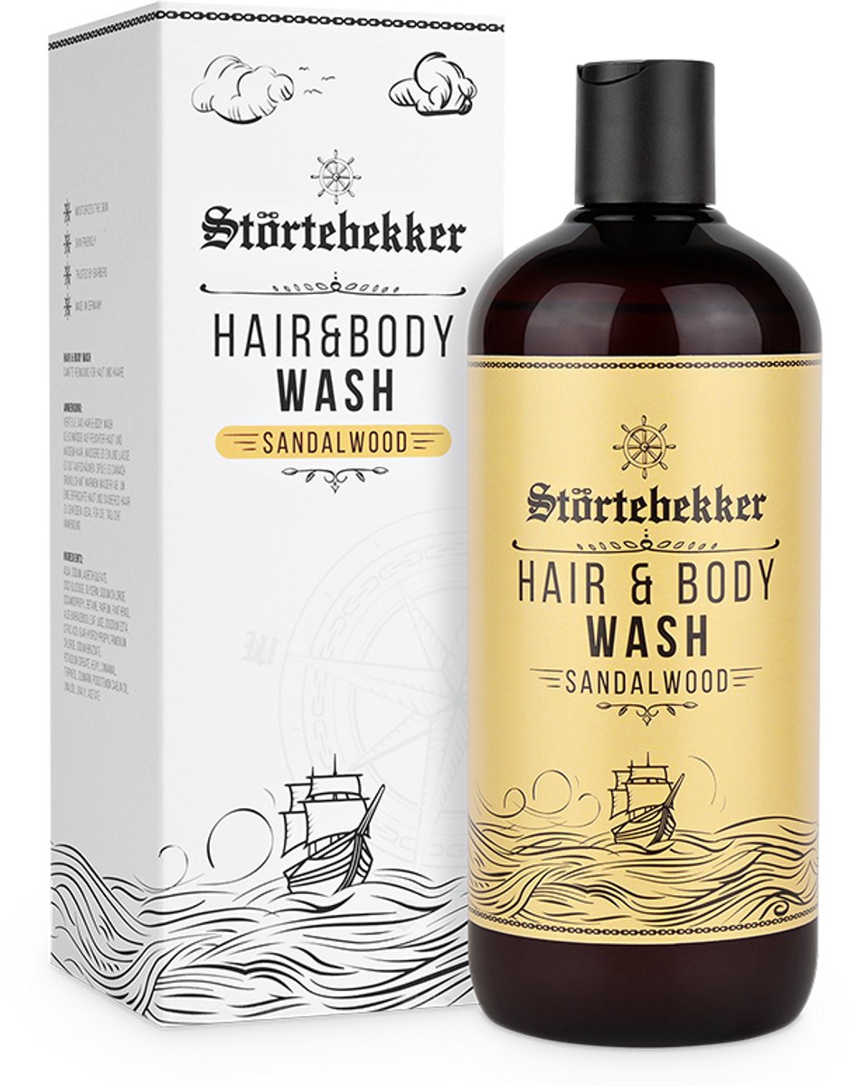 Störtebekker® Premium Douchegel & Shampoo Heren Sandelhout - Hair & Body Wash 2-in-1 met Aloë Vera - Voor Alle Huidtypen - Duurzame Fles van Gerecycled PET