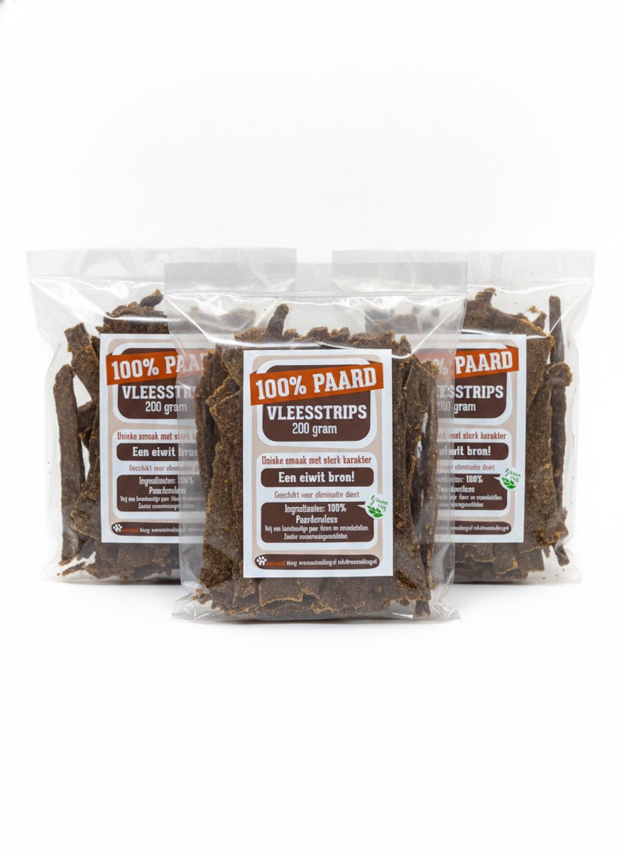 animalking Paard Vleesstrips Hondensnack - 100% Natuurlijk & Hypoallergeen - Graanvrij - 3 x 200g Voordeelpak