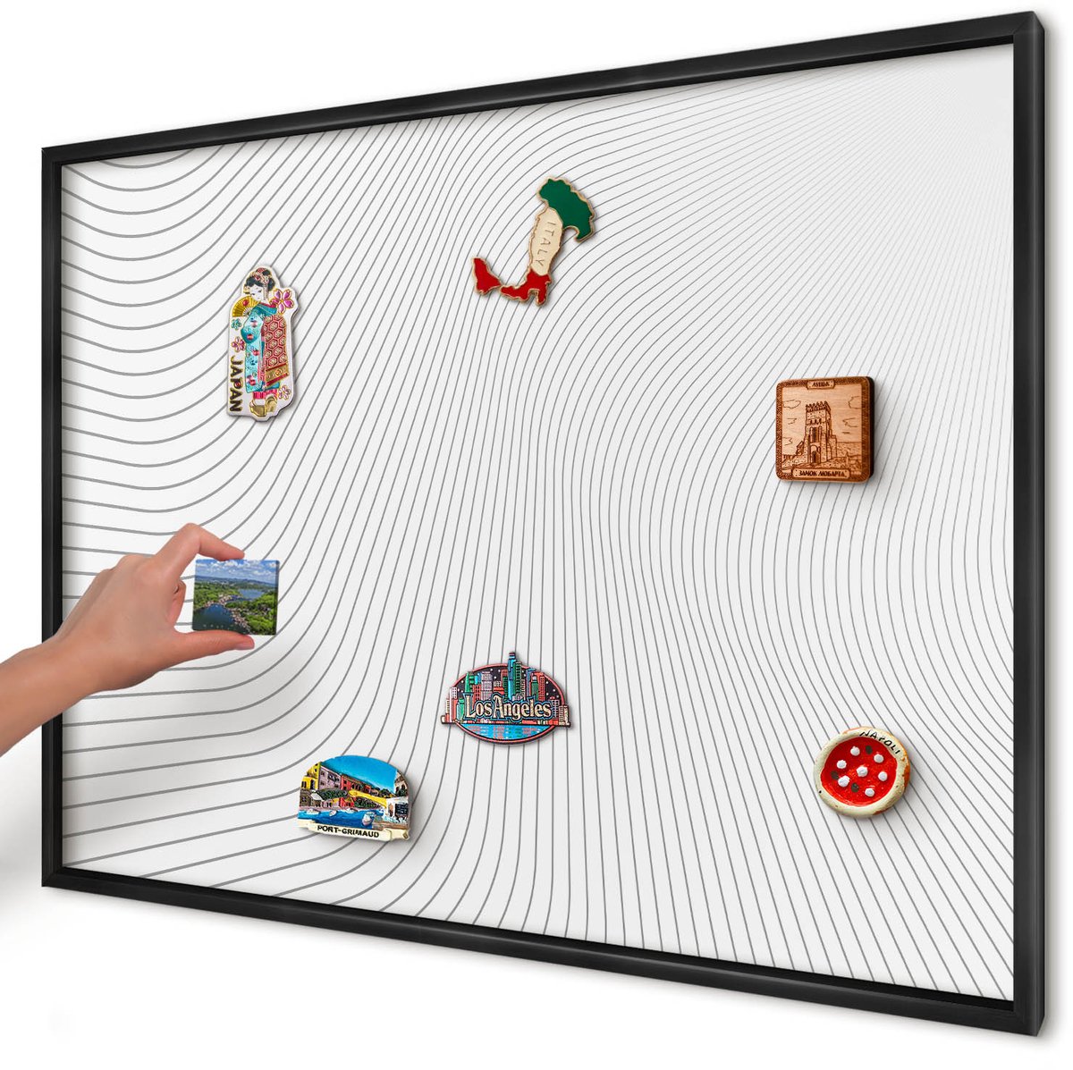 Artprintcave Wit Magneetbord mit Zwart Frame - 100x70 cm - Lijngolven Magnetische Organizer - Minimalist Memobord Keuken - Geometrie
