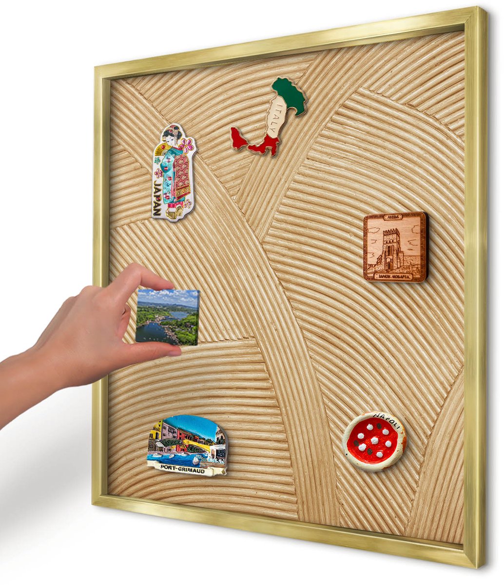 Artprintcave Beige Magneetbord mit Gouden Frame - 50x50 cm - Structurele Lijnen Wandbord Magnetisch - Minimalist Memobord Keuken - Texturen