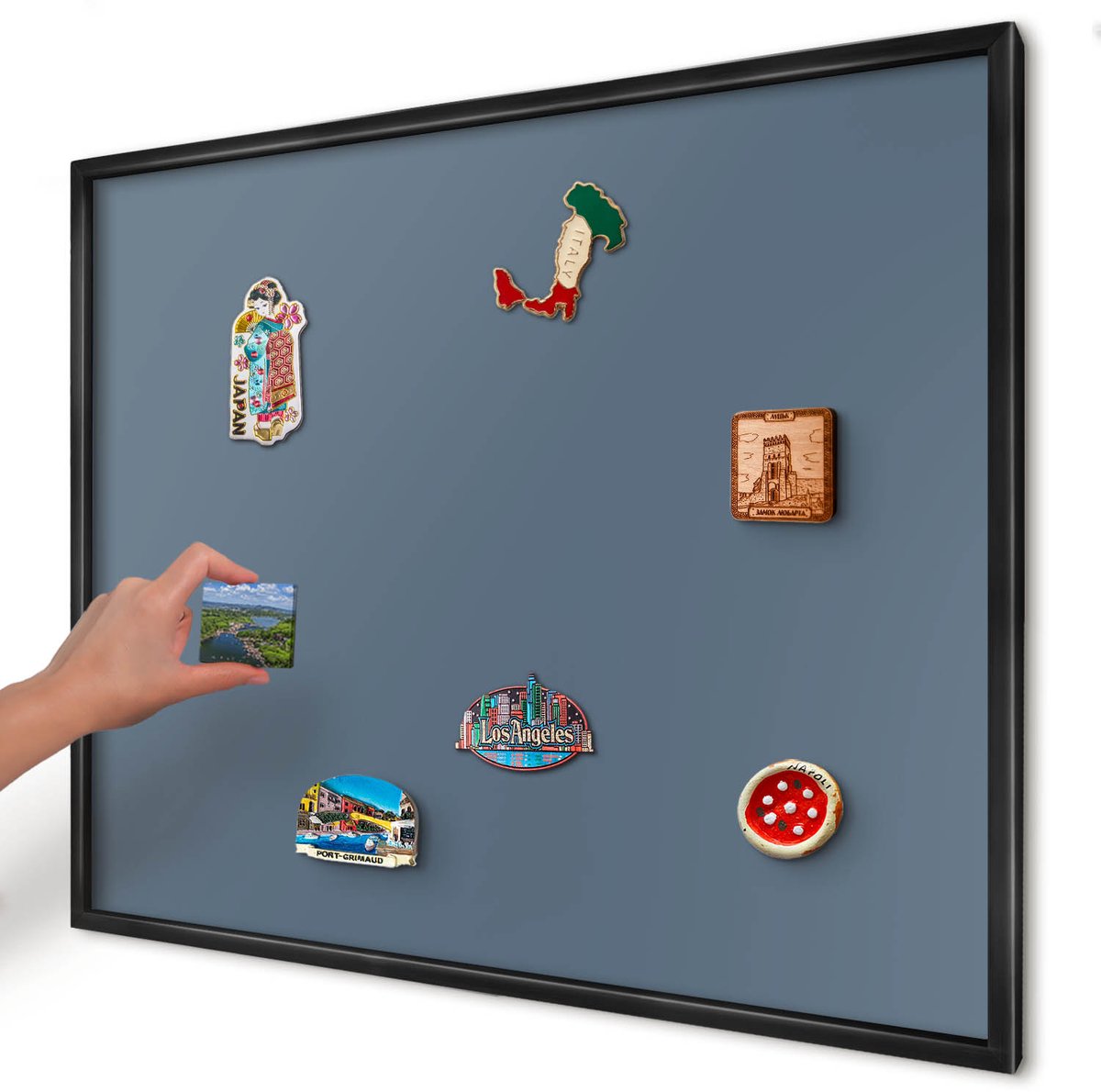Artprintcave Marine Magneetbord mit Zwart Frame - 80x60 cm - Pastel Marineblauw Memobord Keuken - Minimalist Magnetisch Bord - Achtergronden En Patronen