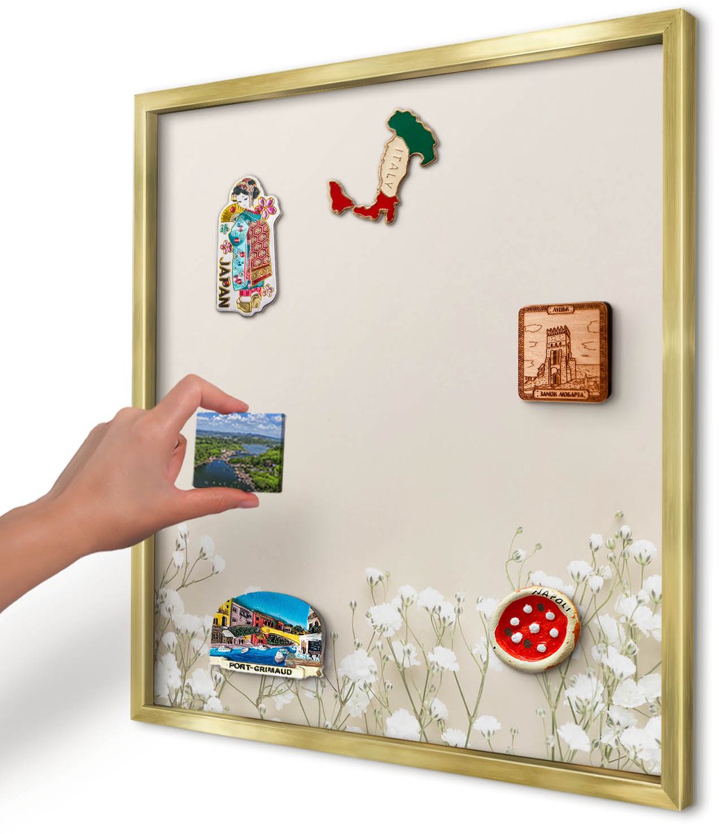 Artprintcave Beige Magneetbord mit Gouden Frame - 50x50 cm - Subtiele Natuur Magneet Bord mit Frame - Minimalist Bord Voor Magneten - Bloemen En Planten