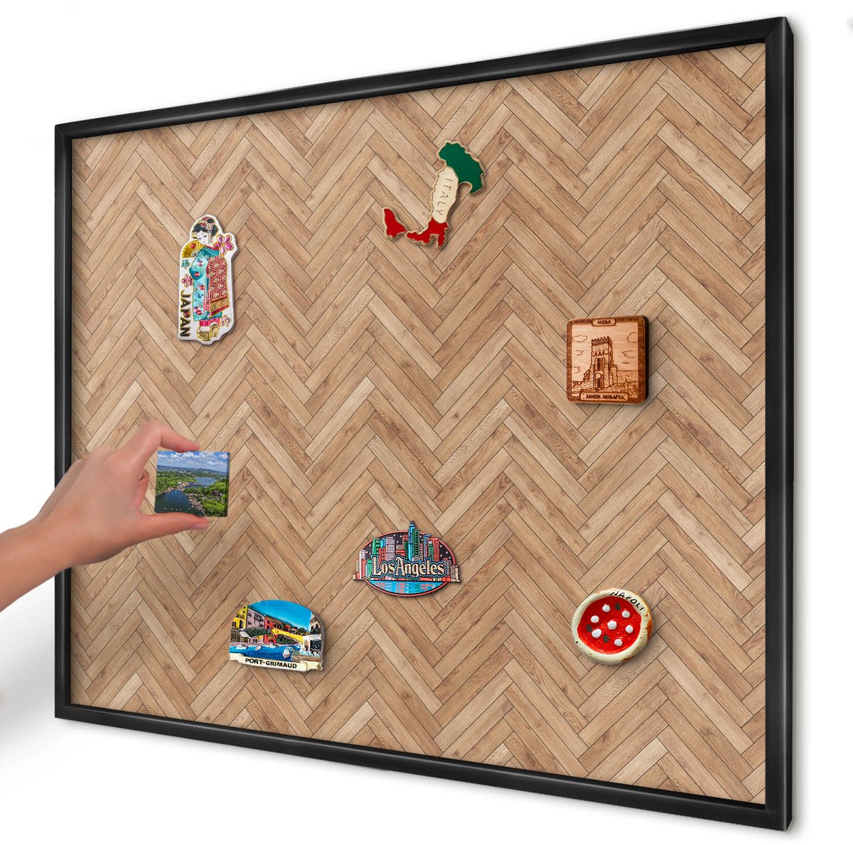 Artprintcave Bruin Magneetbord mit Zwart Frame - 80x60 cm - Visgraatpatroon Memobord Keuken - Geometrische Magnetisch Bord - Texturen