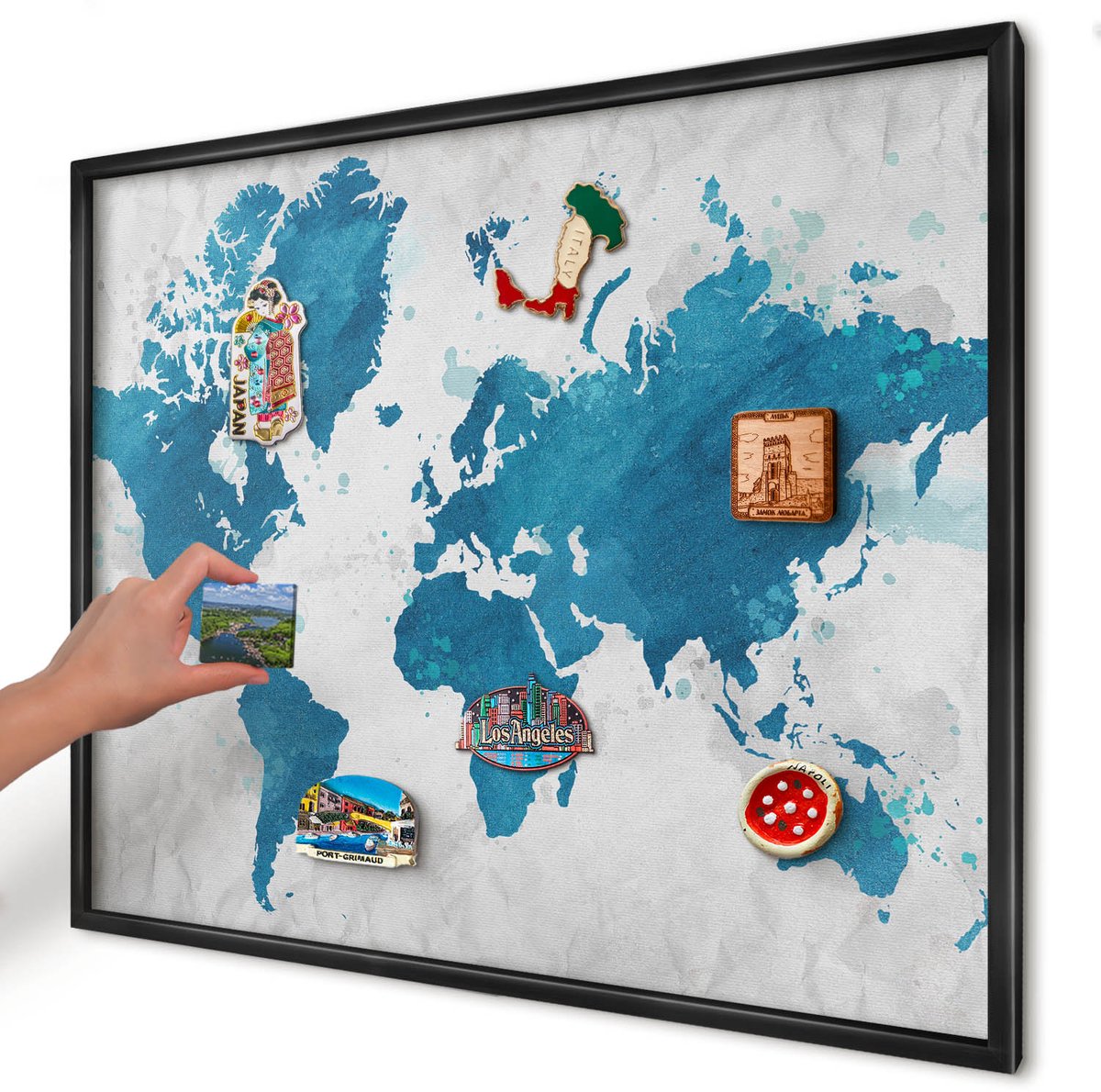 Artprintcave Blauw Magneetbord mit Zwart Frame - 80x60 cm - Aquarelkaart Magnetisch Bord Voor Magneten - Waterverf Notitiebord - Kaarten