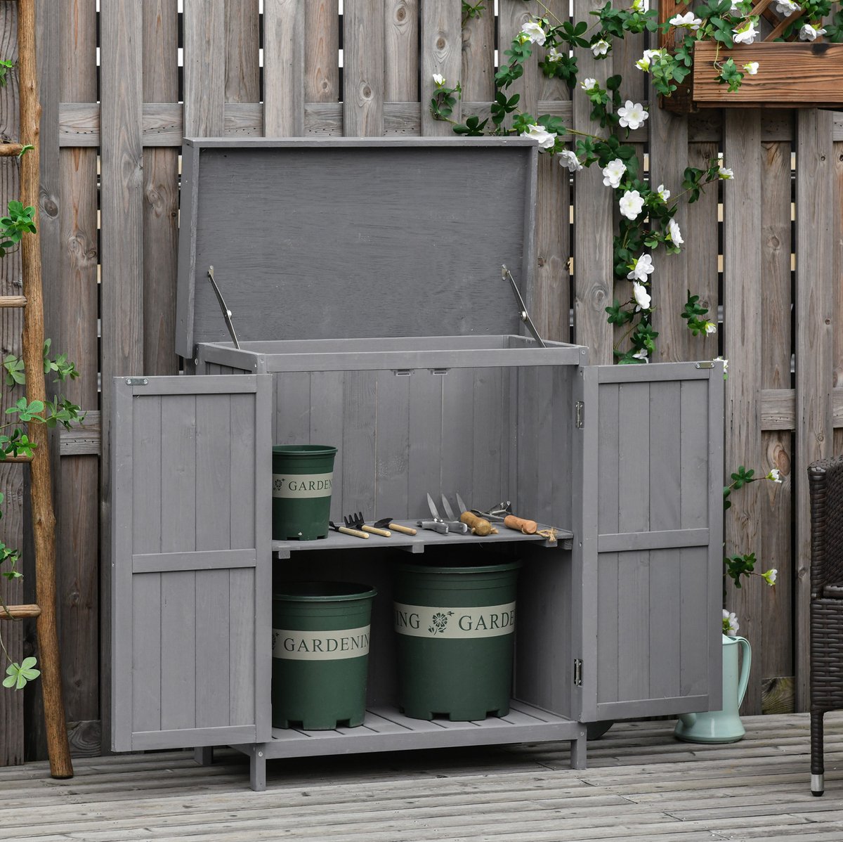 Tuinkast Dubbele Deur 74 x 43 x 88 cm Hout Grijs Voor Tuin, Garage En Balkon Met 2 Vakken Buitengebruik