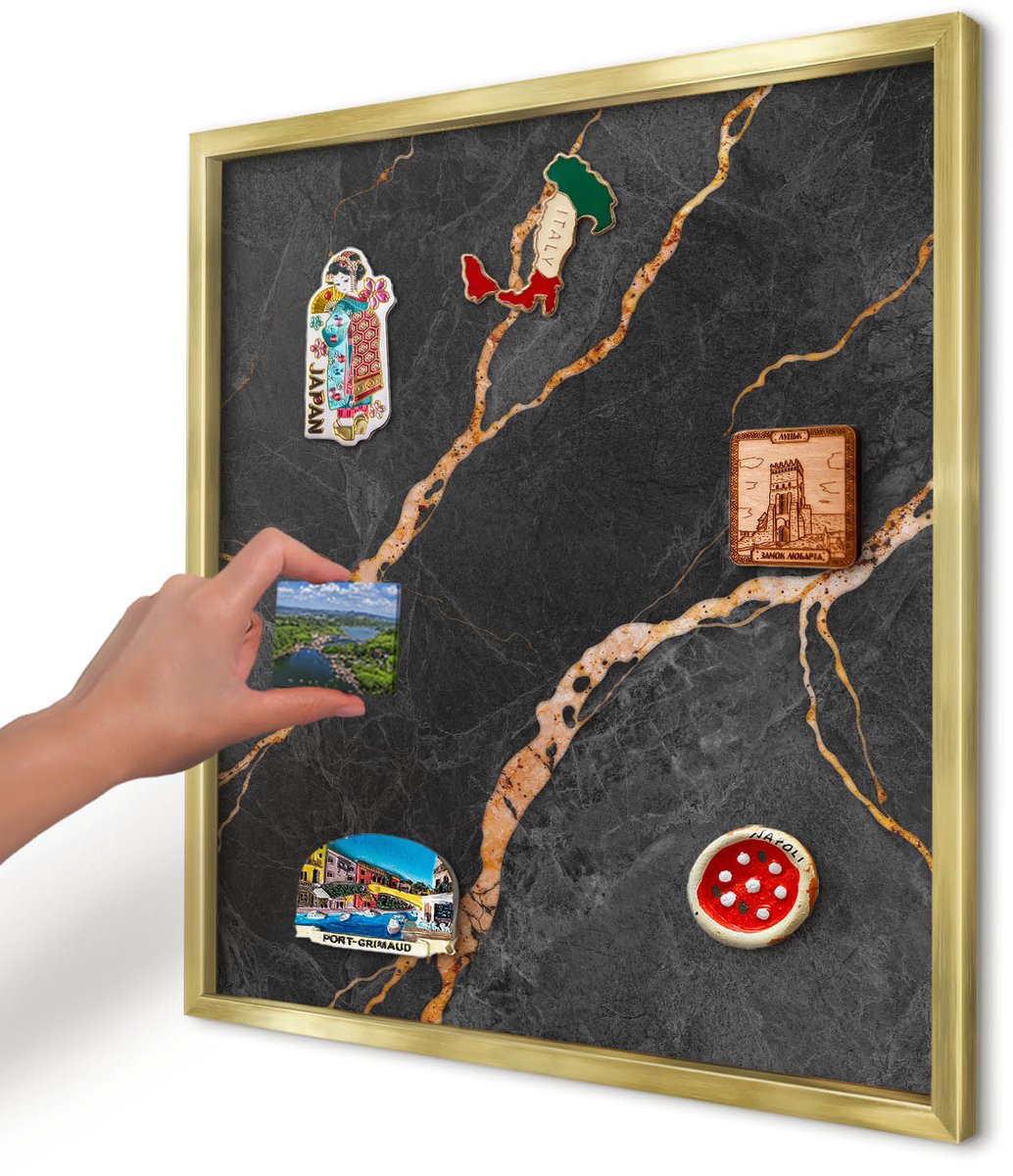 Artprintcave Zwart Magneetbord mit Gouden Frame - 50x50 cm - Marmeren Linten Magneetbord Voor Keuken - Abstract Magneet Bord mit Frame - Texturen