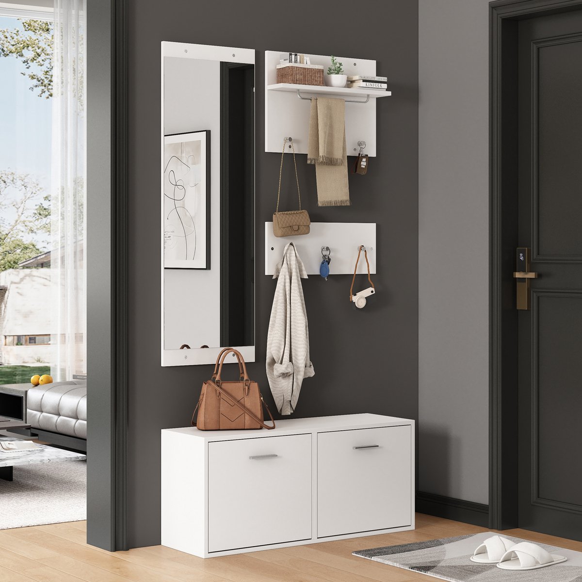 MIVRAY Garderobeset Met Spiegel En Schoenenkast - Wandkapstok Met 6 Haken Voor Hal En Woonkamer - Wit Spaanplaat - 90 X 30 X 41,5 Cm