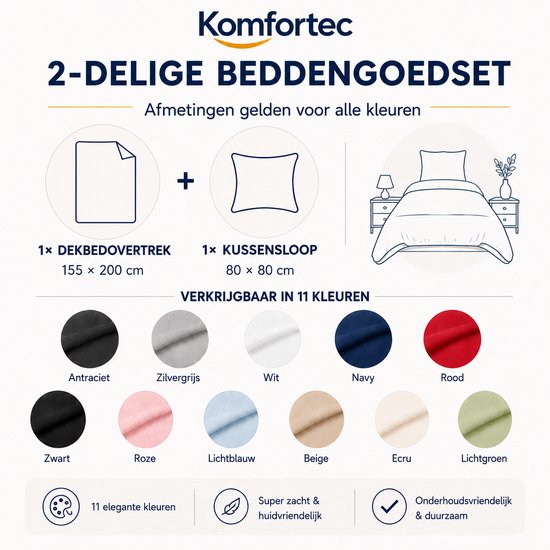 Komfortec Premium Dekbedovertrek 155x220 cm + Kussensloop 80x80 cm - 100% Microvezel - 90 g/m² - 2-Delige Superzachte Beddengoedset - met Rits - Wit van Merkloos — afbeelding 3