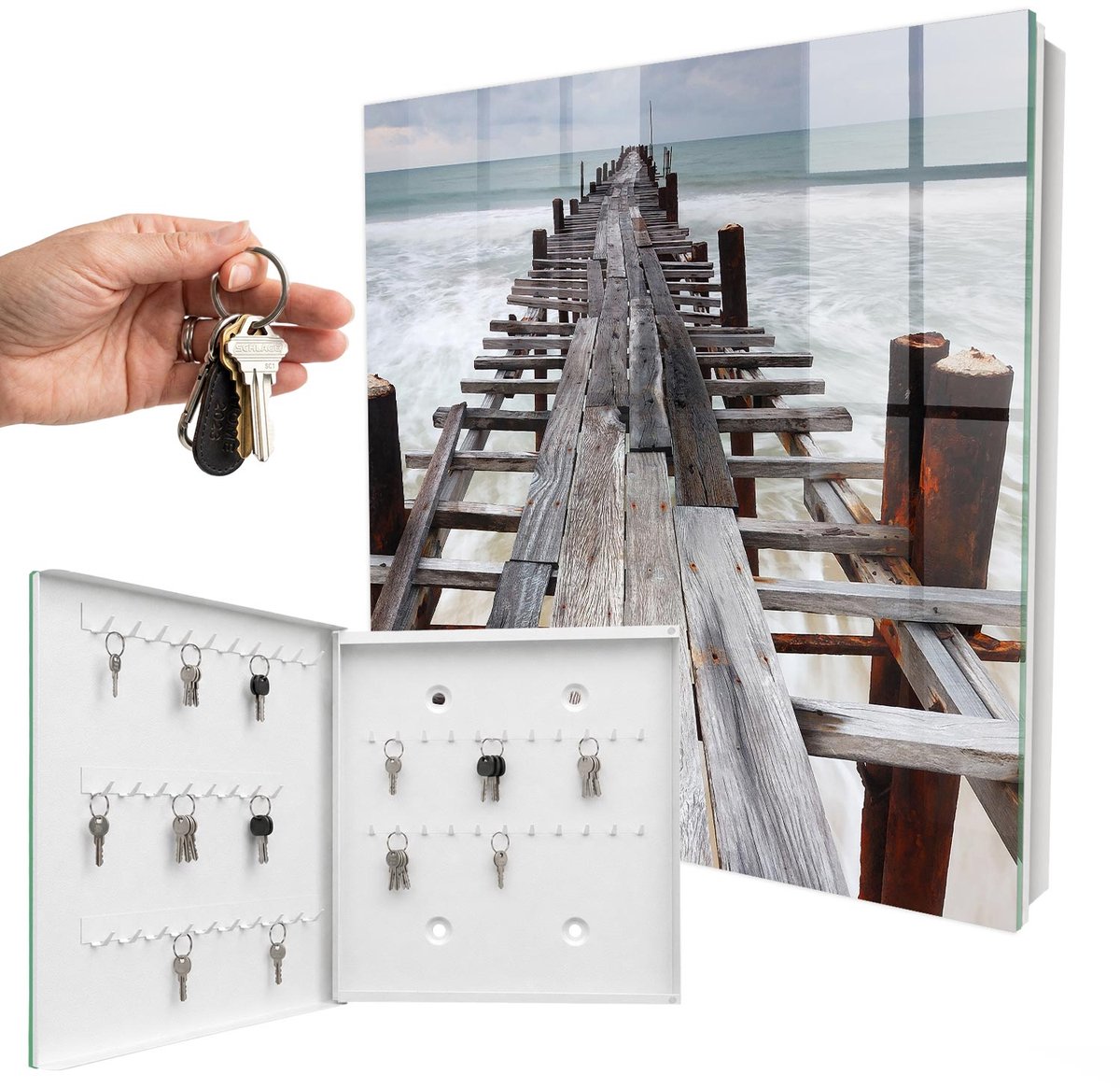 WallMuralia - Sleutelkast - 30x30x5 cm - met 50 haken - Eindeloze Haven Sleutelkastje Huis - Grijs Sleutelbox - Linksopenend - Wit interieur