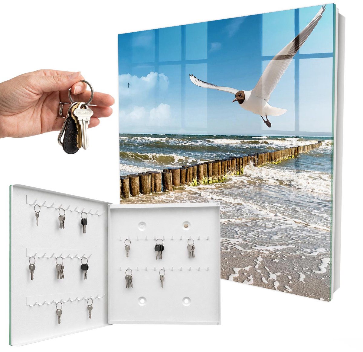 WallMuralia - Sleutelkast - 30x30x5 cm - met 50 haken - Zeegebied Sleutelkastje Voor Binnen - Blauw Sleutelbox - Linksopenend - Wit interieur