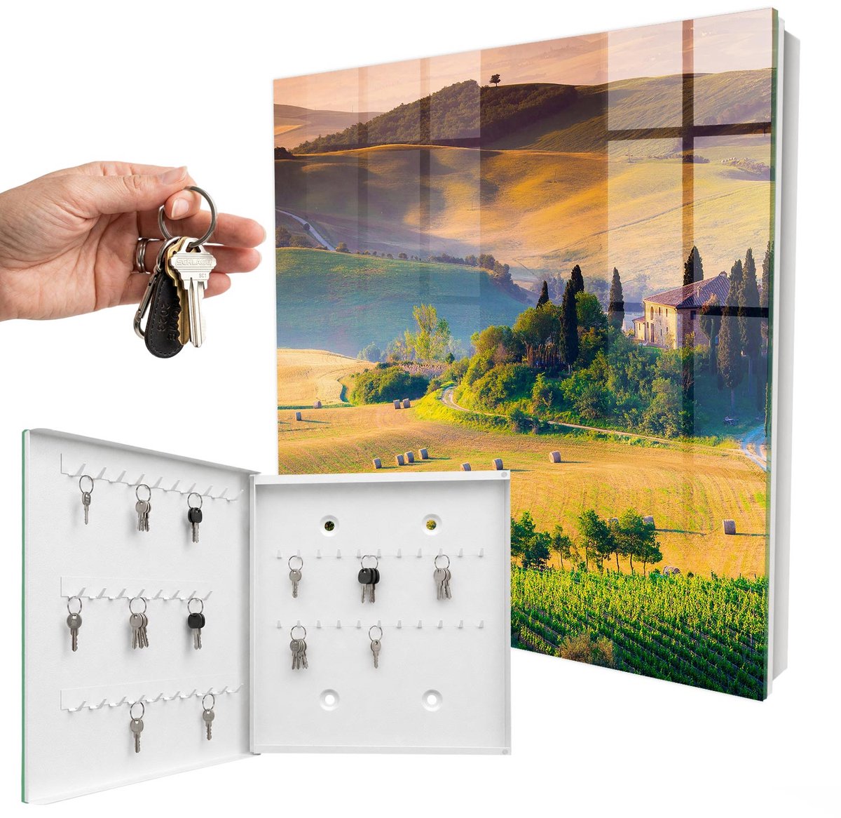 WallMuralia - Sleutelkast - 30x30x5 cm - met 50 haken - Toscaanse Idylle Leuk Sleutelkastje - Geel Sleutelbox - Linksopenend - Wit interieur