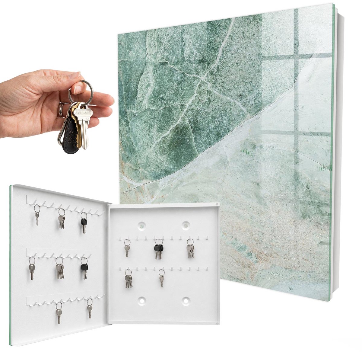 WallMuralia - Sleutelkast - 30x30x5 cm - met 50 haken - Marmeren Elegantie Design Sleutelkastje - Groente Sleutelbox - Linksopenend - Wit interieur