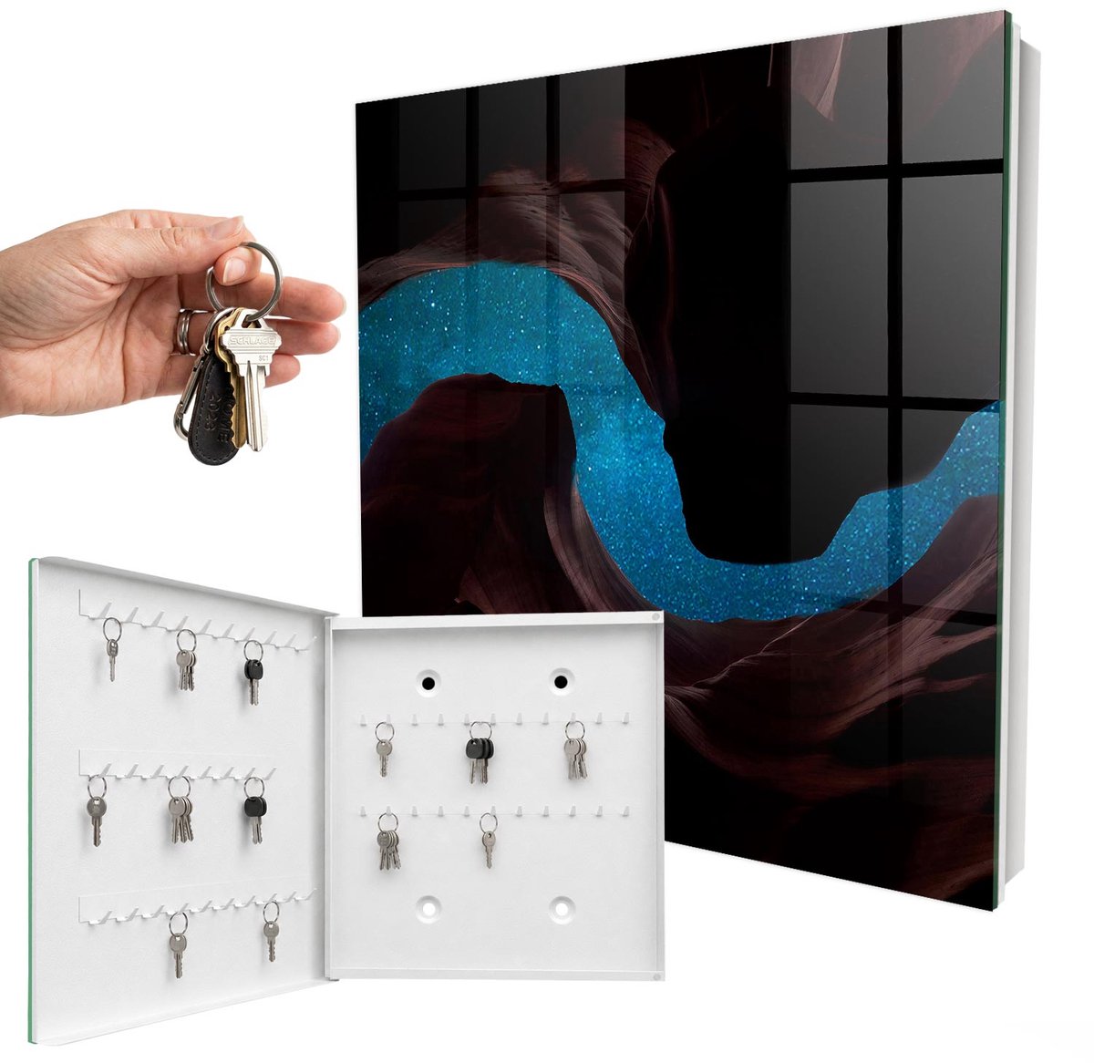 WallMuralia - Sleutelkast - 30x30x5 cm - met 50 haken - Ruimtestenen Sleutelkastje Landelijk - Zwart Sleutelbox - Linksopenend - Wit interieur