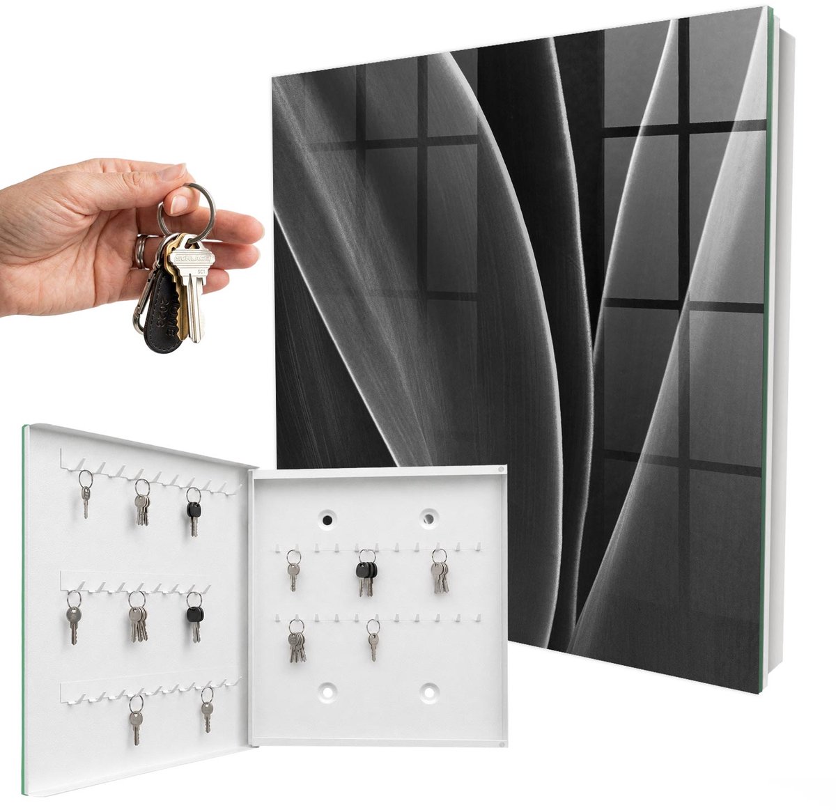 WallMuralia - Sleutelkast - 30x30x5 cm - met 50 haken - Abstracte Bladeren Sleutelkastje Muur - Grijs Sleutelbox - Linksopenend - Wit interieur