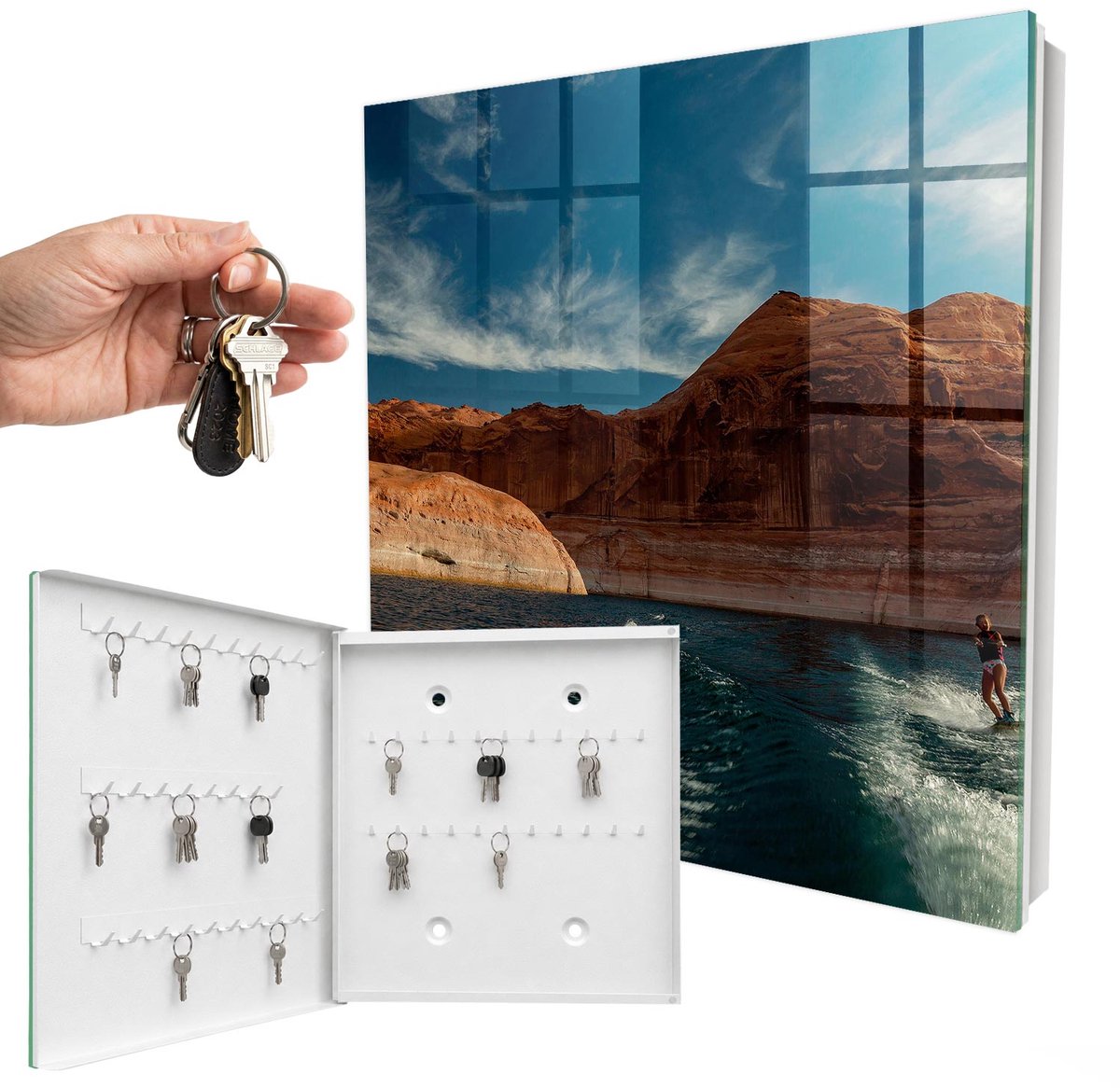 WallMuralia - Sleutelkast - 30x30x5 cm - met 50 haken - Wateremoties Leuk Sleutelkastje - Oranje Sleutelbox - Linksopenend - Wit interieur