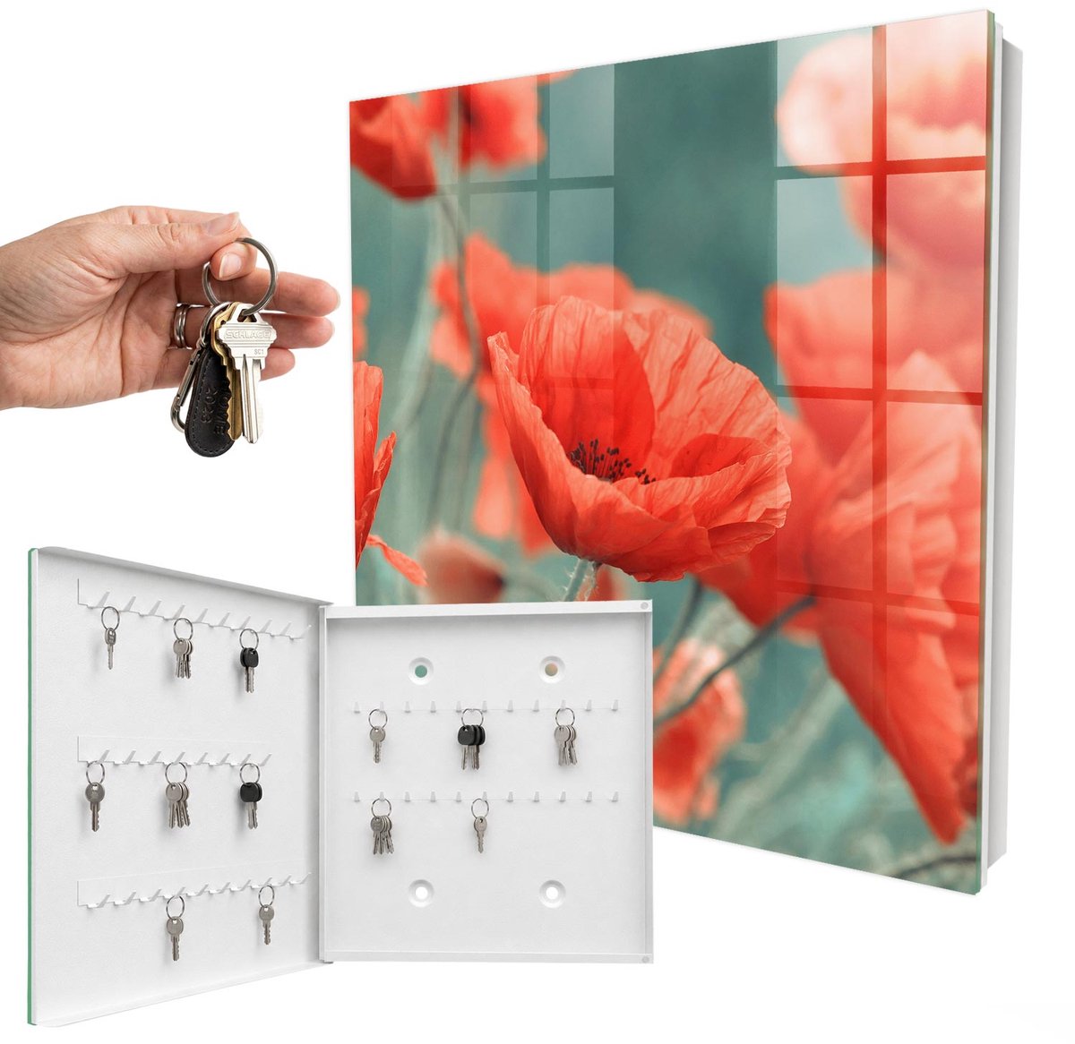 WallMuralia - Sleutelkast - 30x30x5 cm - met 50 haken - Rode Klaprozen Groot Sleutelkastje - Rood Sleutelbox - Linksopenend - Wit interieur